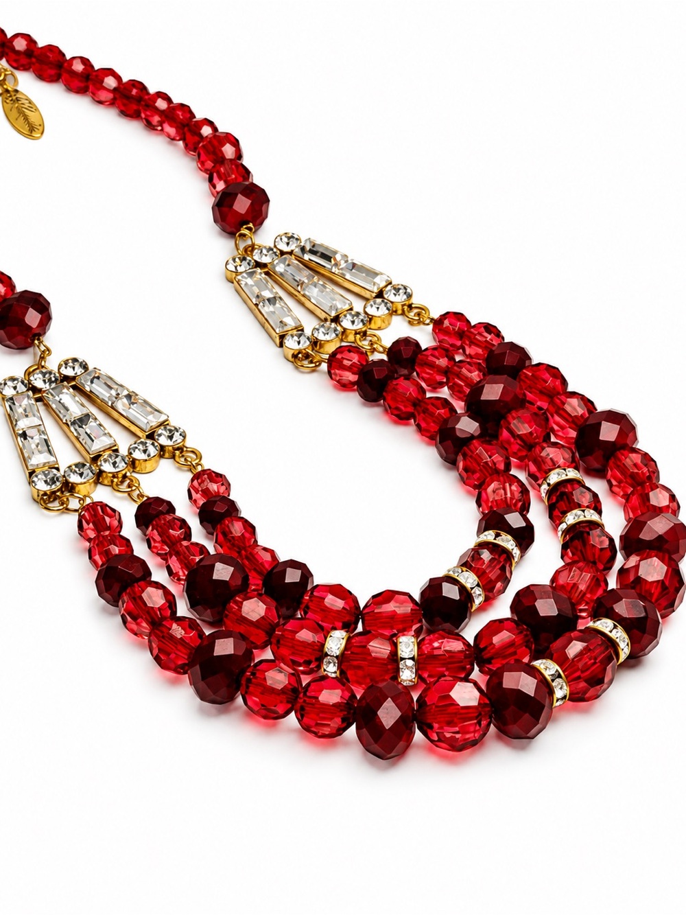 Red & Gold Multi‑Strand Statement Necklace 
Faceted Beads Crystal Accents